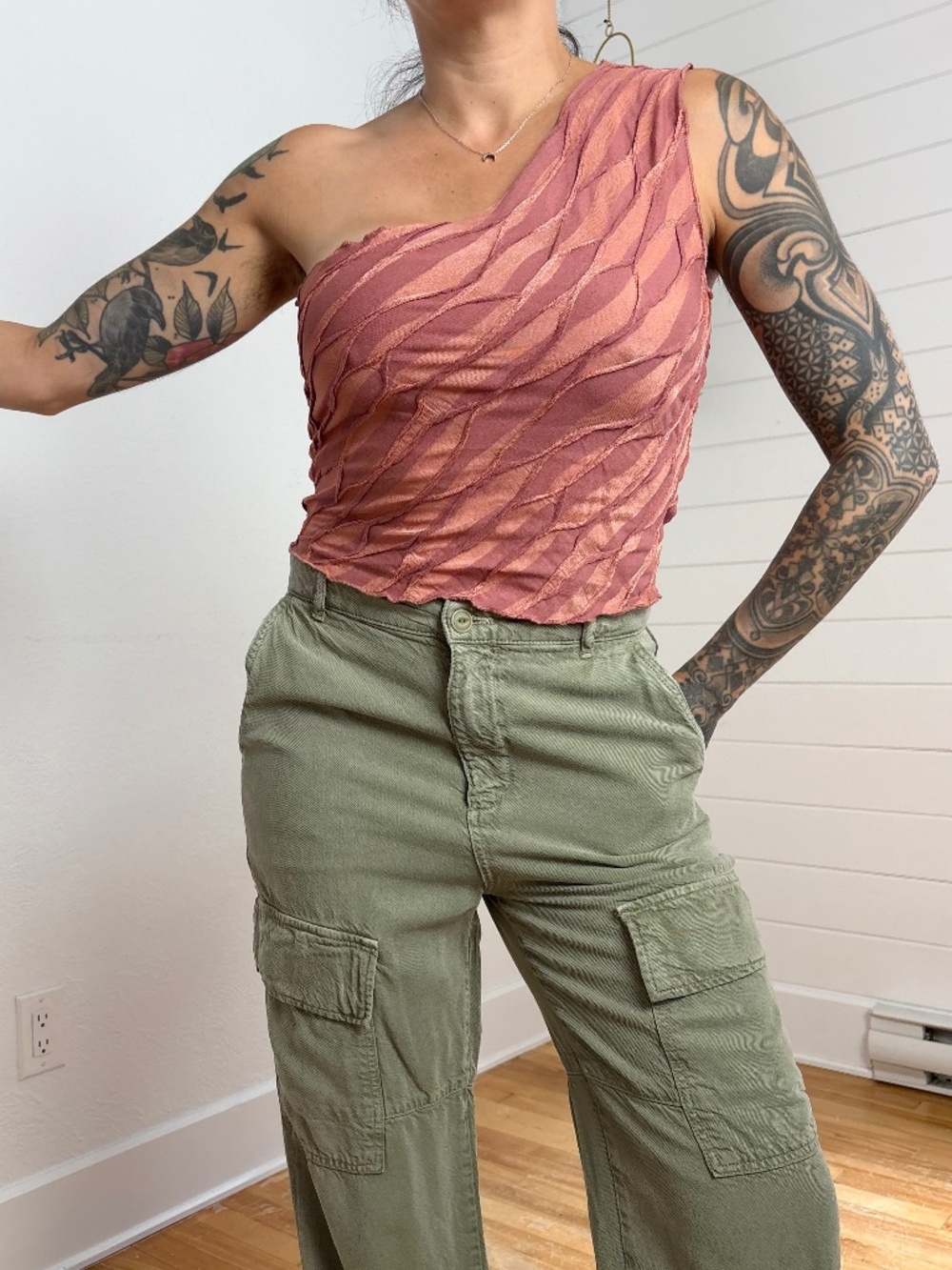 Urban renewal plissé one shoulder top